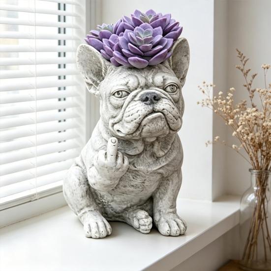 Lustiger Bulldogge Blumentopf Neuheit Mittelfinger Hund Blumenkübel Niedliche Hundegartenstatue für Außen Innen Garten Büro Schreibtisch Dekoration