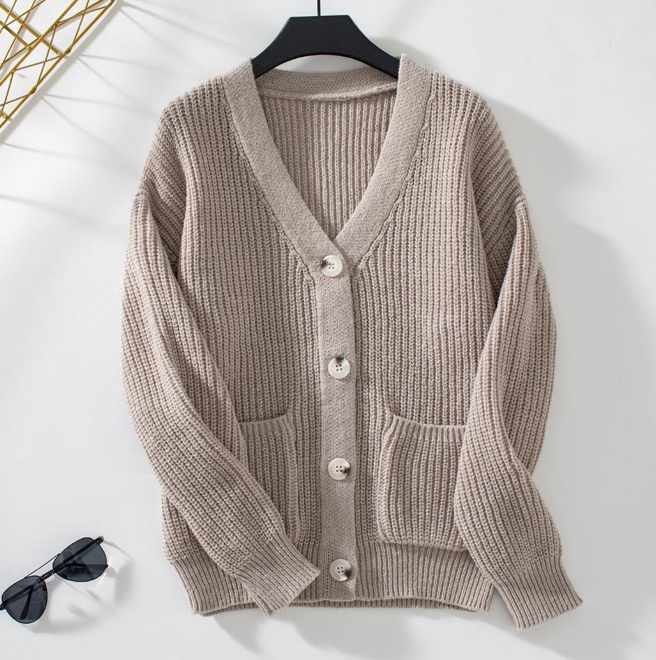 Knitted Sweater Loose Casual Solid Color V-Neck Single Breasted Knitted Sweater for Women 2026 Spring Autumn Cardigan