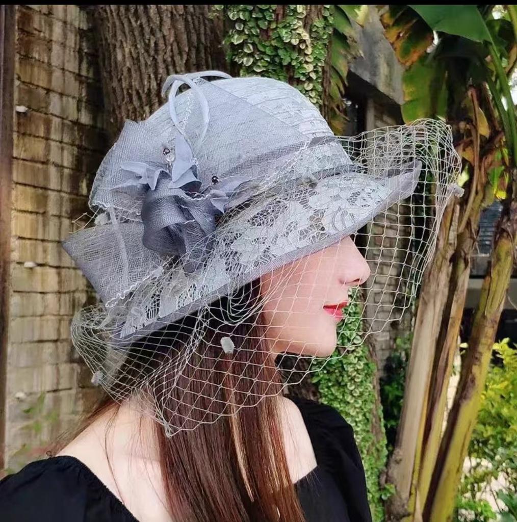 Summer hat women's curled edge elegant top hat face covering mesh sun protection sun hat retro fashion flower sun hat