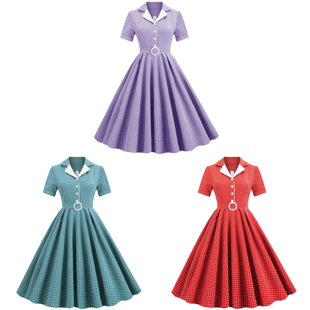 Vintage Plaid Dress With Suit Collar And Belt For Retro Style Women