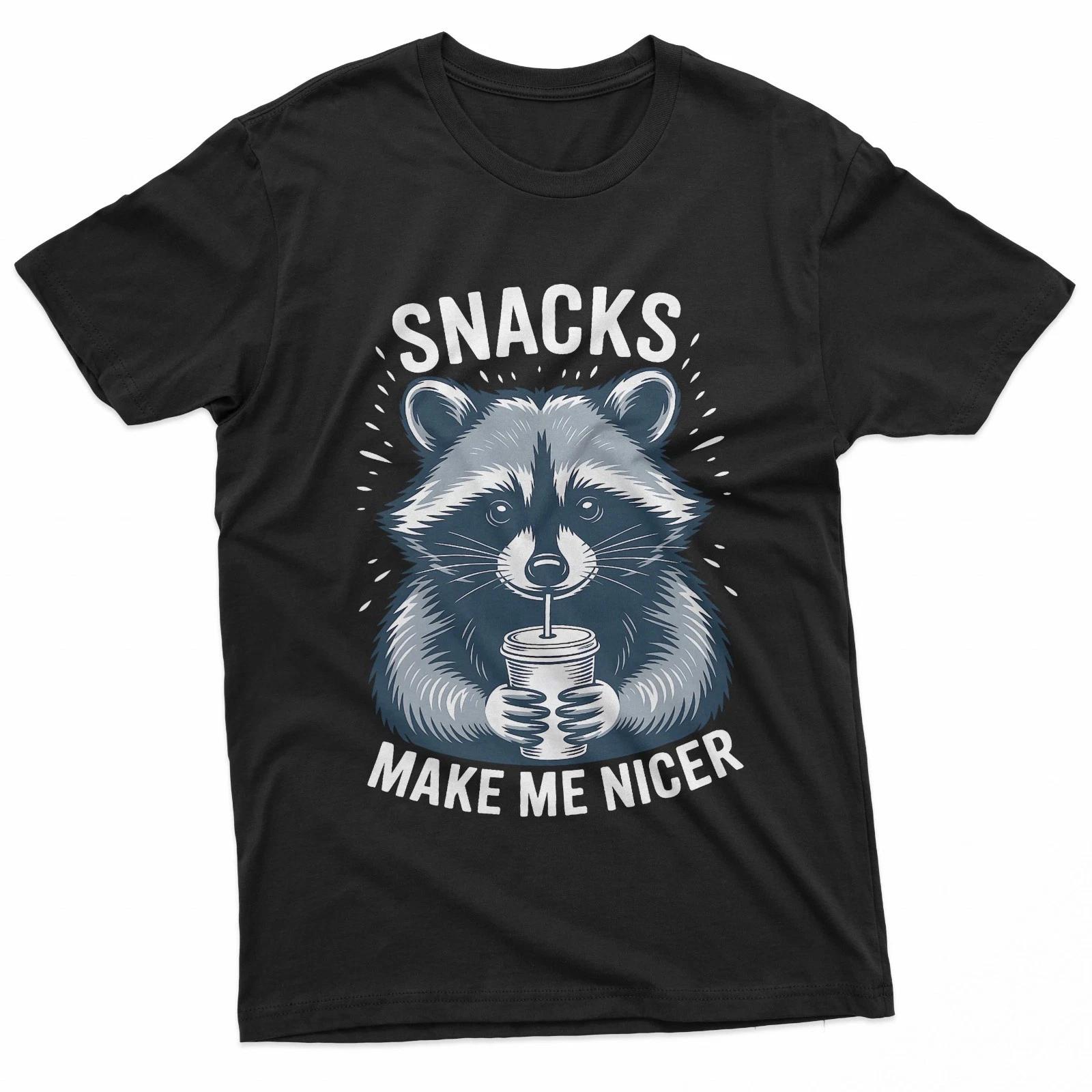 Snacks Make Me Nicer Raccoon Funny Cute Food Humor Art 100% Cotton T-shirt Mens Tees Top 2XL
