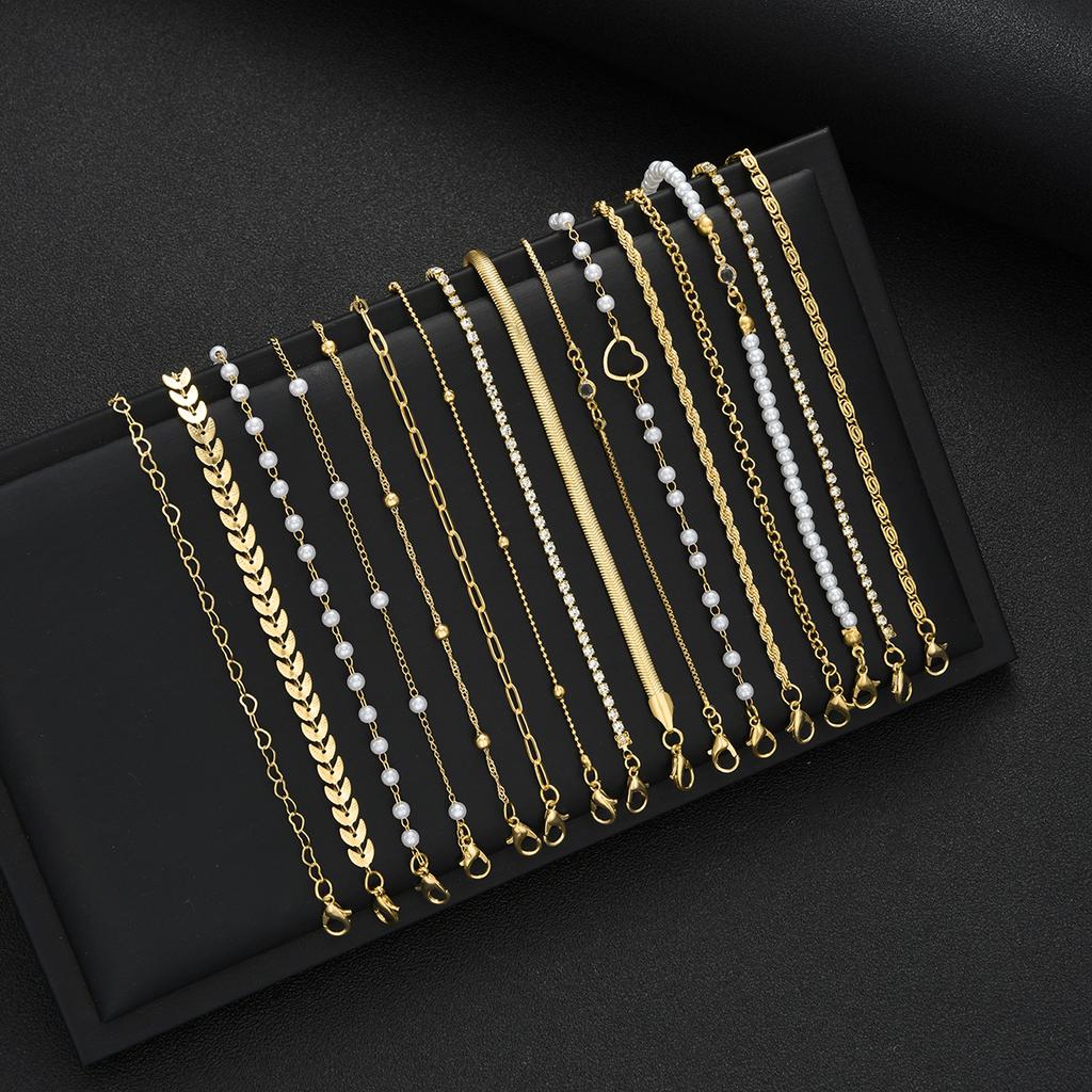 16pcs Minimalist Heart Pearl Rhinestone Snake Chain Bracelet Set for Women Elegant Gold Color Dates Vacations Daily Wear Jewelry