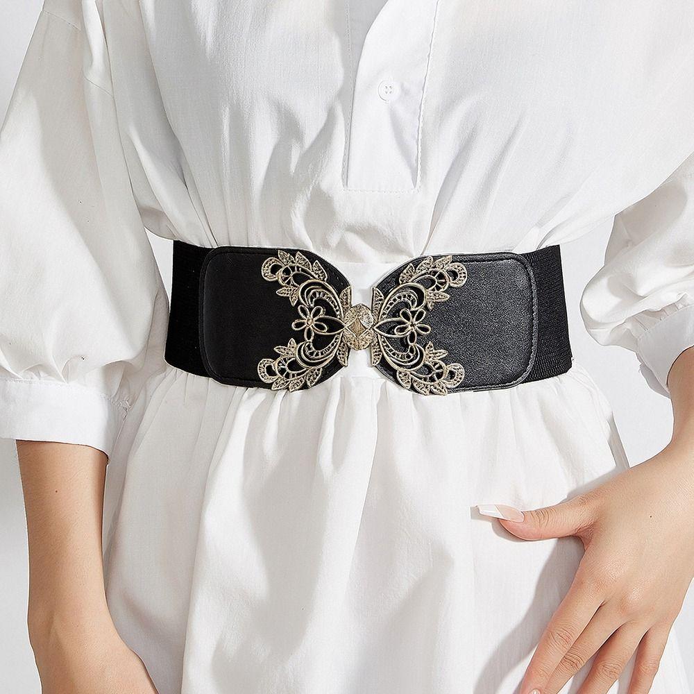 Fashion Metal Buckle Women Elastic Band Waist Defining Solid Color Elastic Wide Belts Comfortable Dress Belt Jeans