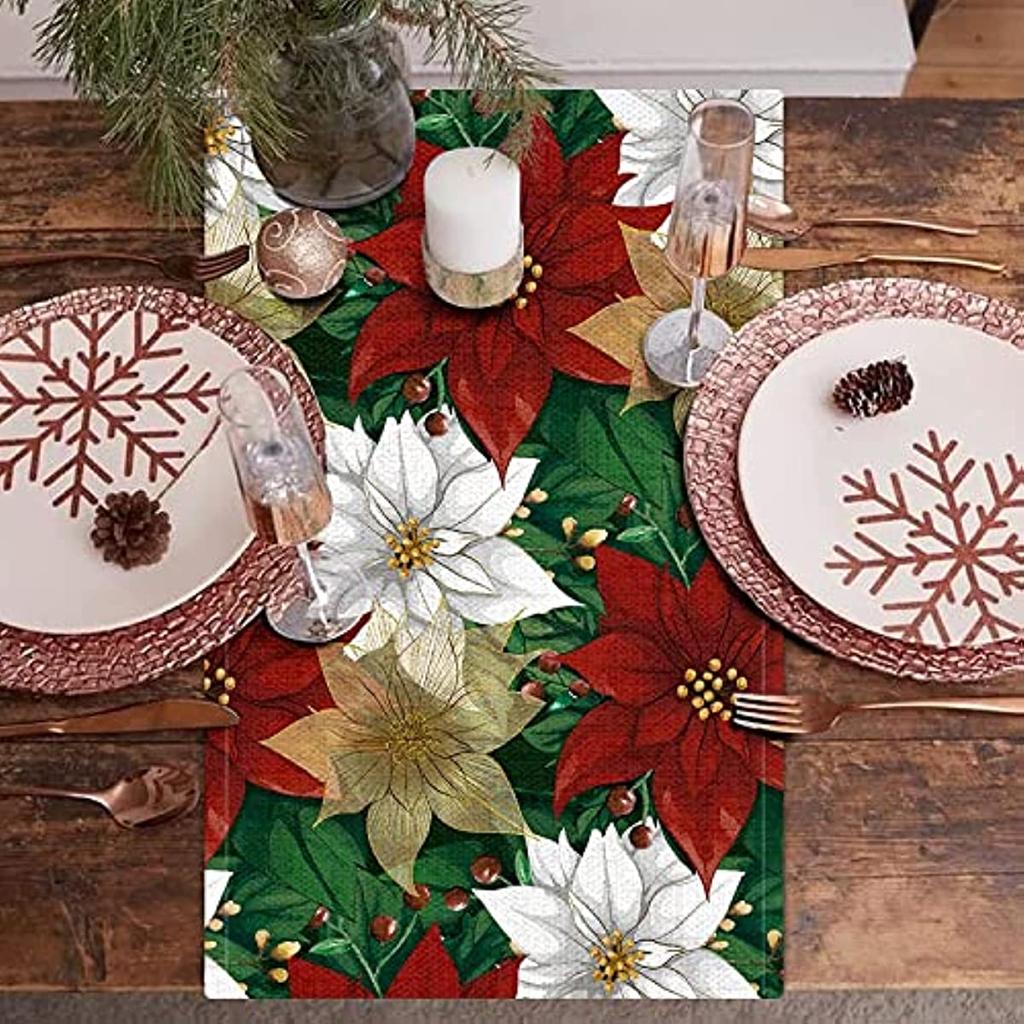 Weihnachts-Poinsettia Tischläufer Leinen Künstliche Küchen-Esszimmer-Dekoration Für Innen- und Außenbereich Zuhause Hochzeitsparty