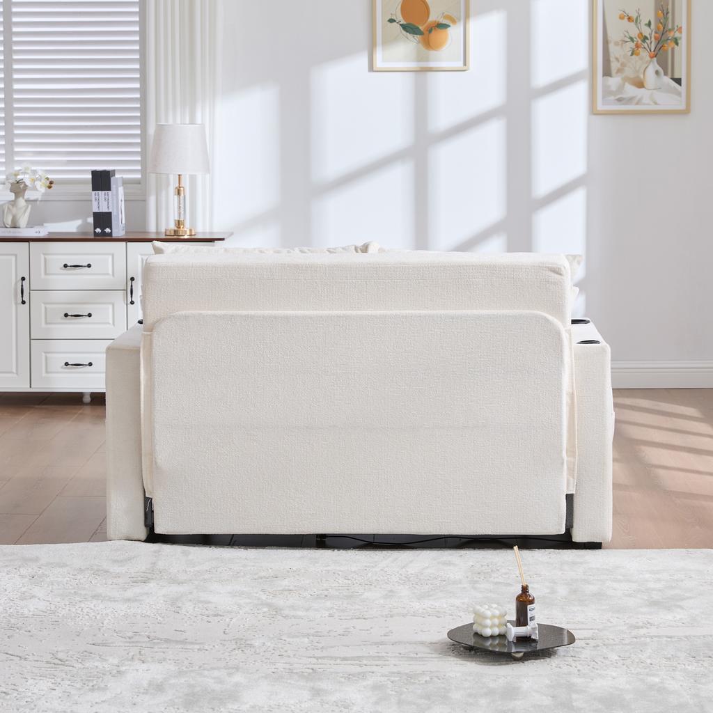 Multifunctional Sofa, Folding Sofa, Usable as Sofa or Bed, Storage Pockets on Armrests, USB Charging Function and Drink Holders (Beige Chenille)