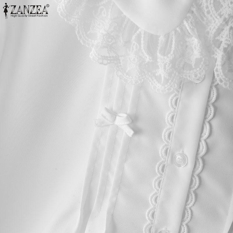 ZANZEA Bluză casual cu mânecă lungă și guler de păpușă cu dantelă pentru femei
