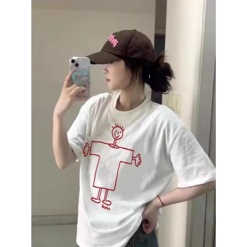 

American Ins Design Sense Printing Niche White Short Sleeve Tshirt Summer Womens 2026 Loose High Street Half Sleeve Top 4XL