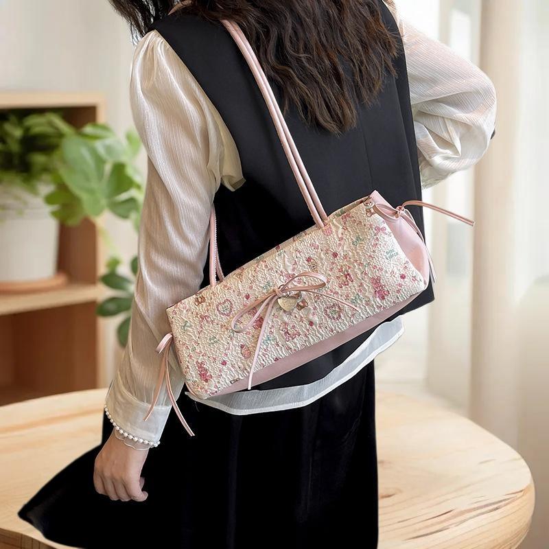 Fashion Sweet Bow Shoulder Bag Cartoon Print Underarm Bag Female Tote Bag Versatile Large Capacity Commuter Handbag Holiday Gift