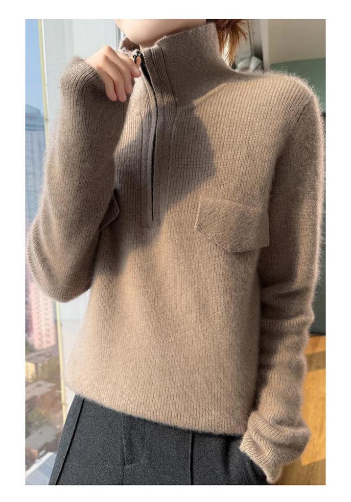 Women's Pure Wool Rib Knit Half Zip Sweater - Autumn/Winter Collection