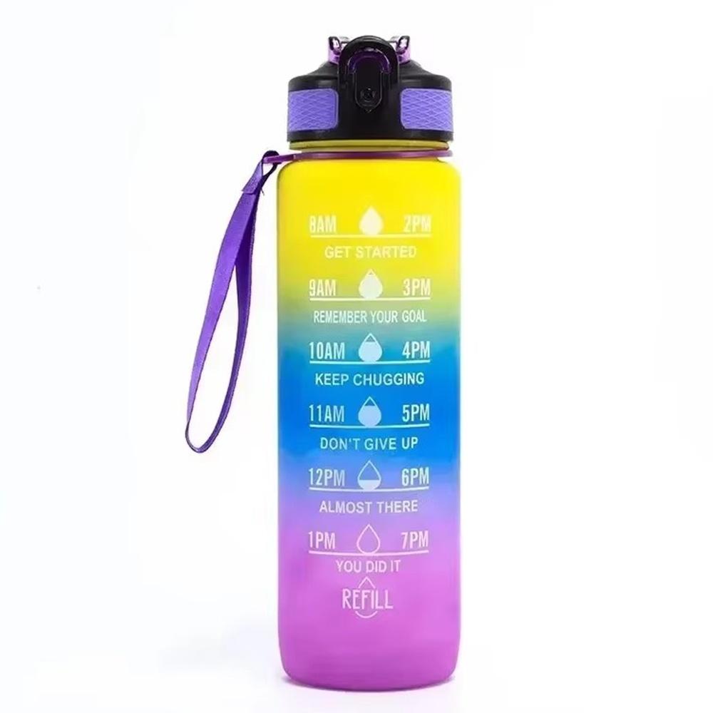 

1pc 1000ml Water Bottle with Time Marker to Drink and Straw Motivational Sports Bottle Fitness with Strap for Office, Gym, Out 1000ml жёлтый