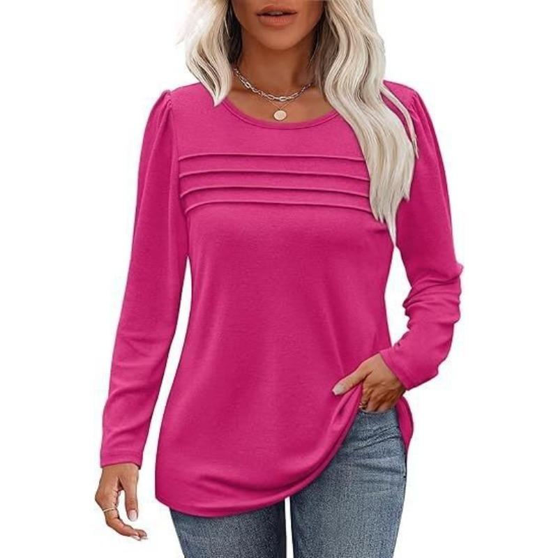 Women's Spring and Autumn Solid Color Loose Round Neck Pleated Long Sleeve Top