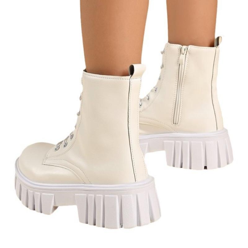 Plus Size Platform Lace-up Martin Boots for Autumn and Winter New Side Zipper Round Toe Mid-cut Fashion Women's Boots