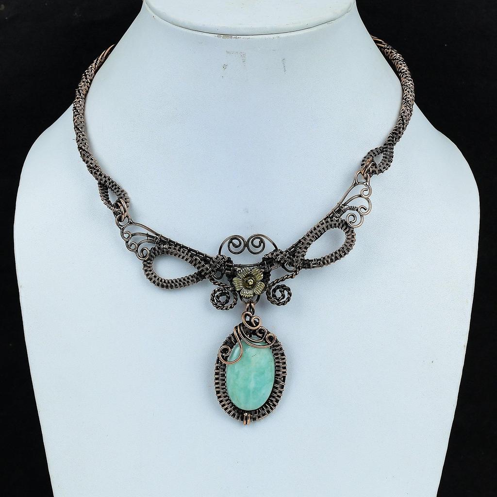 Amazonite Necklace Handmade Jewelry, 999 Copper Wire Wrapped Necklace Designer Gemstone Jewelry Adjustable Chain Necklace Gift For Mom