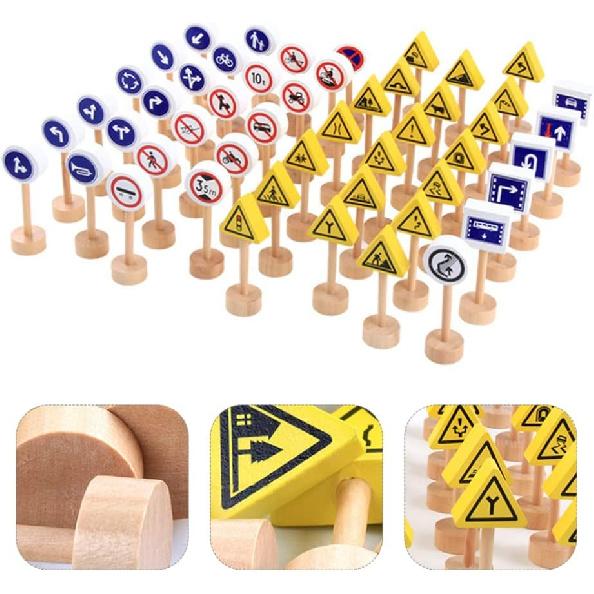 Wooden Road Construction Traffic Sign: 50pcs Toy Street Signs Small Toy Cars and Other Diecast Vehicles Wood Cars Toys Traffic Signs Toys