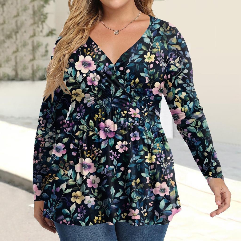 Dame Pluss Størrelse Skjorte Langermet Trykk Topp Plissert Casual V-hals Topp