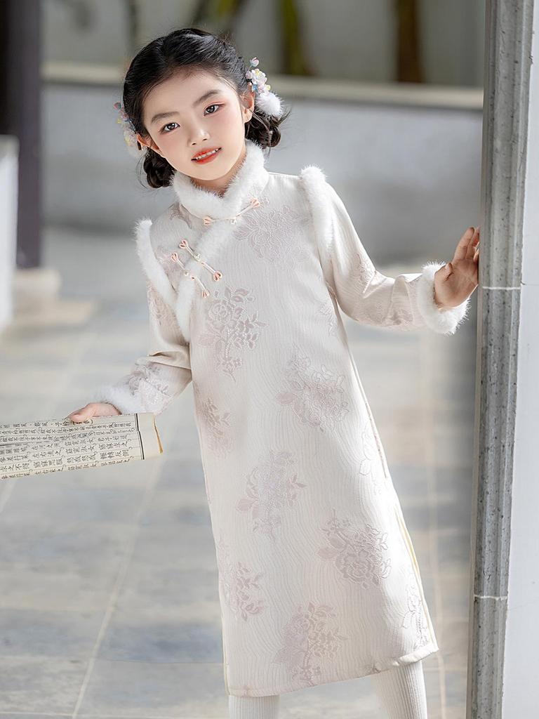 Girls' Winter Long Sleeve Velvet Cheongsam: Chinese-Style Tang Suit Hanfu Dress for Older Children