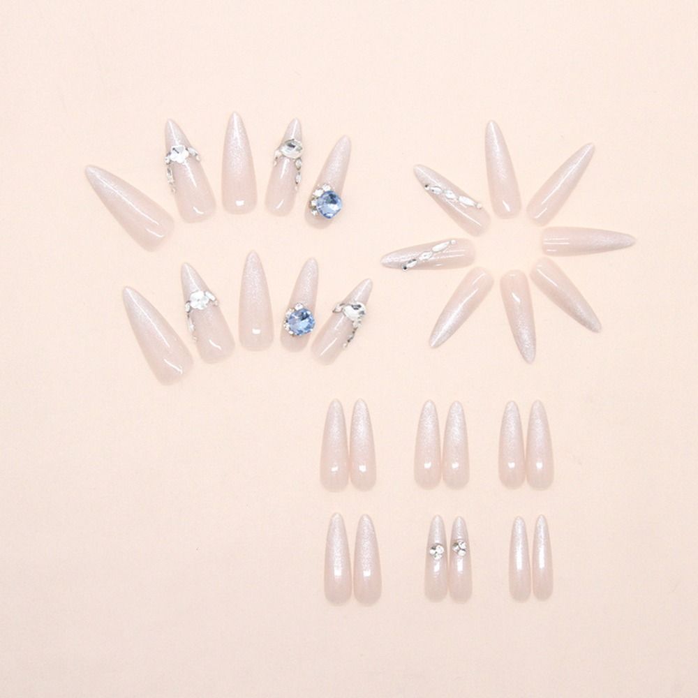30pcs Long Almond Stiletto False Nails Shimmering Moonlight Cat Eye Rhinestone Fake Nails French Detachable French Nail Tips DIY
