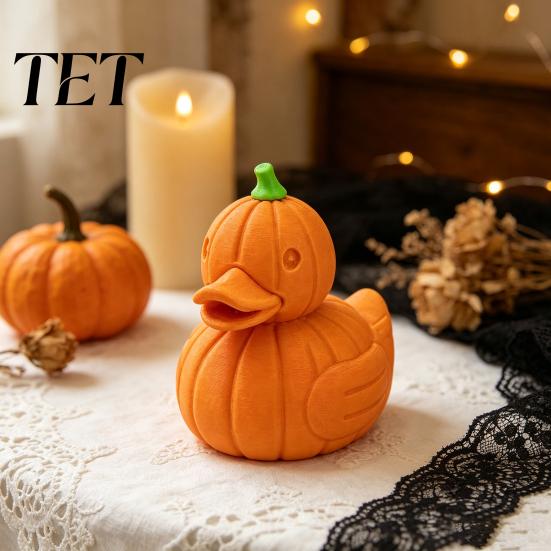 Orange Retro Heimdekoration Halloween Kürbis Ente Figur, 3D Gedruckte Niedliche Herbst Saisonale Raumdeko Statue, Herbst Erntedankfest Schreibtisch Ornament,