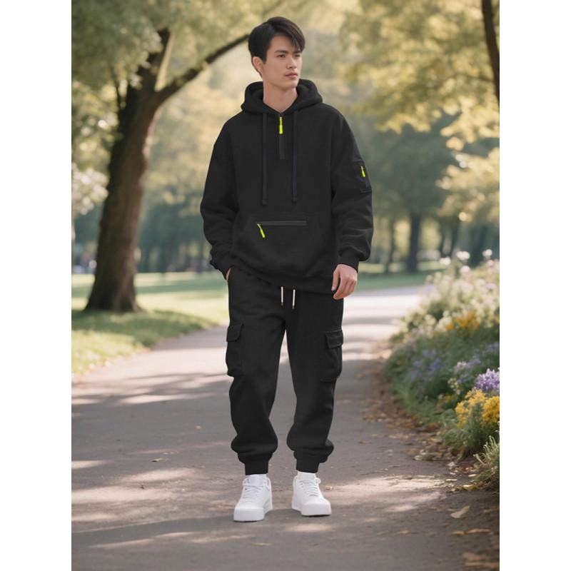 Mens Winter Fleece Hooded Tracksuit Casual Solid Color Sweatshirt Pants Set