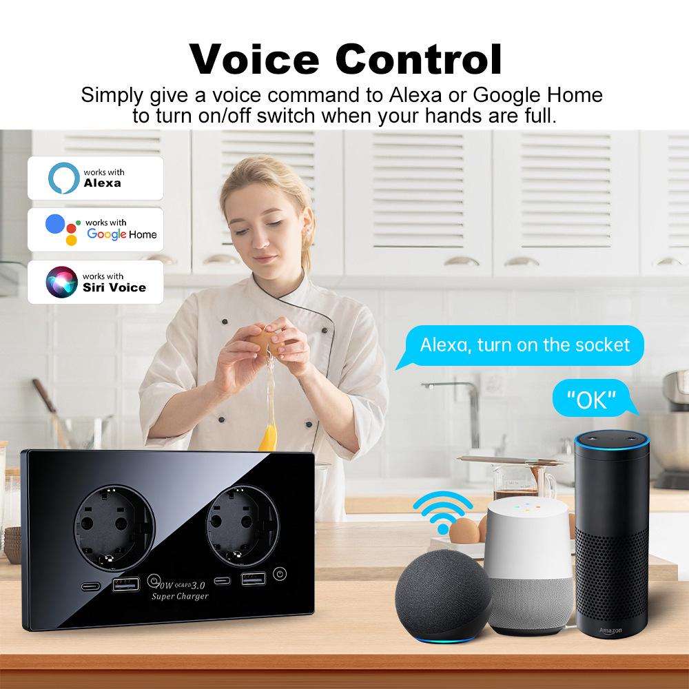 70W Smart Home EU WiFi Dual Socket with Fast USB Charging, Voice Control, Timer, and Power Monitoring