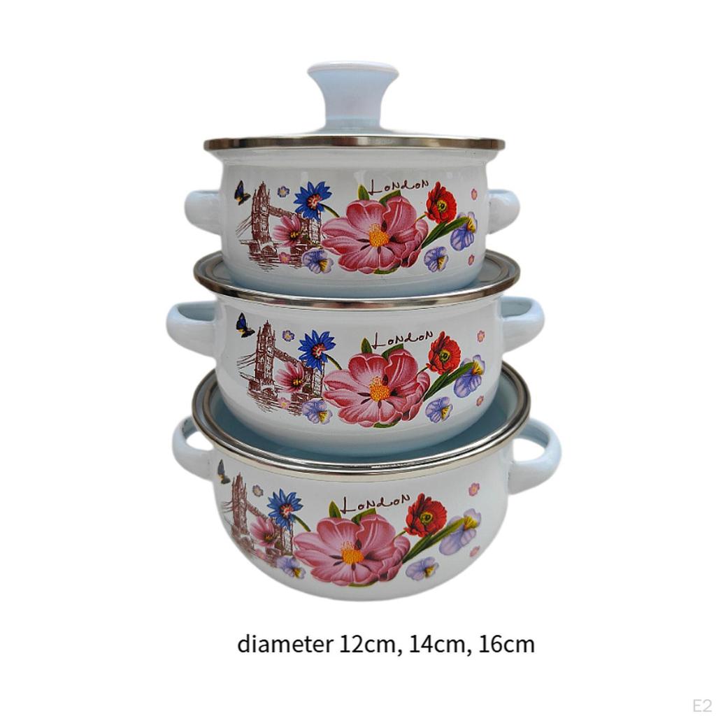 3 Stück Emaille Kochtopf Kochtopf Blumendesign und Griffe Schmoren Bohnen Köcheln Tiefe Suppe
