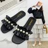 Fashion Women Slides Faux Pearl Decor Ruffle Trim Sandals Open Toe Wear-resistant Flat Slippers Summer Sandy Beach Sandals Women Shoes
