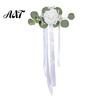 All In One Car Decoration Wedding Door Handle Flower with Ribbon Tie And Green Leaves, White Artificial Full Set Trim Rose Rearview Mirror Bouquet for