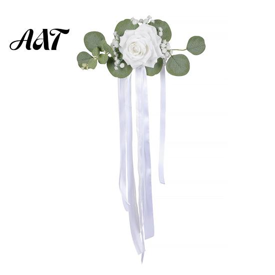 All In One Car Decoration Wedding Door Handle Flower with Ribbon Tie And Green Leaves, White Artificial Full Set Trim Rose Rearview Mirror Bouquet for