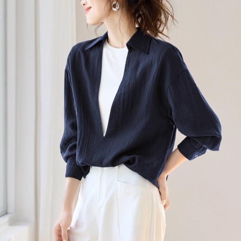 Minimalist Solid Patchwork Deep V Neck Long Sleeve Office Commute Women Shirt S