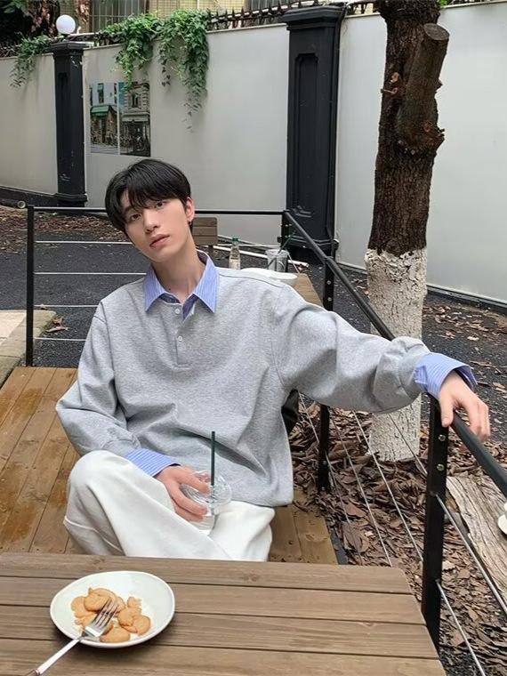 Men's Color-Block Polo Sweatshirt: Fake Two-Piece, Loose Fit, Long Sleeve, Lapel Design, Spring/Autumn Casual Versatile Top.
