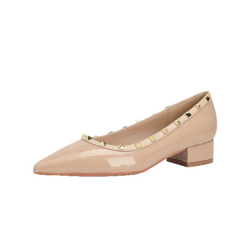 230 new pointed flat-soled single shoes patent leather light mouth thick heel rivets temperament low heel signature women's single shoes women