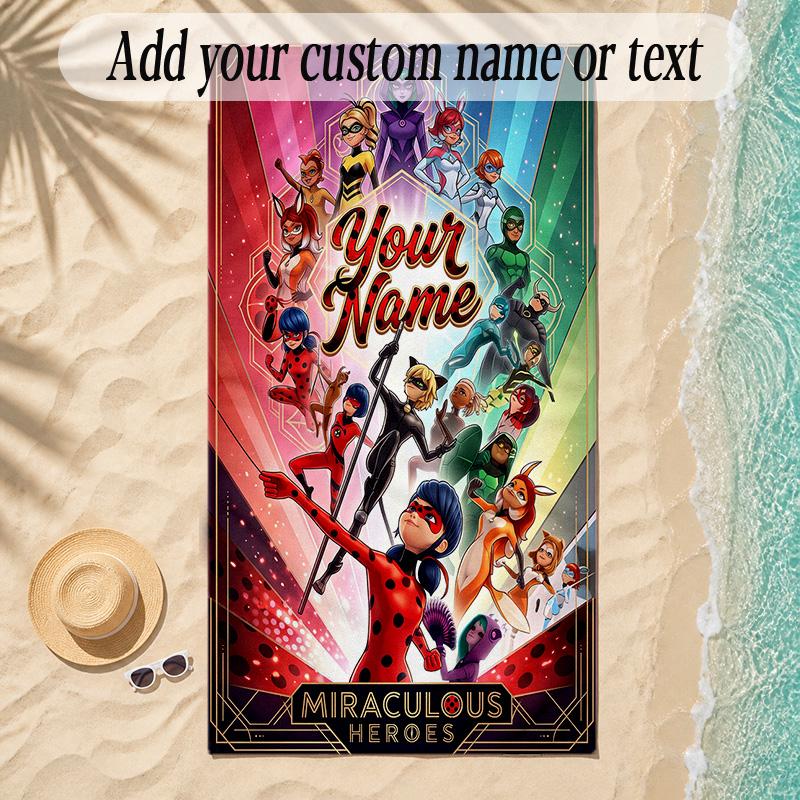 Strandtuch Miraculous Ladybug Benutzerdefinierter Name Text Personalisierbares Weiches Handtuch für Strand Pool Innen Hausdekoration Geschenk