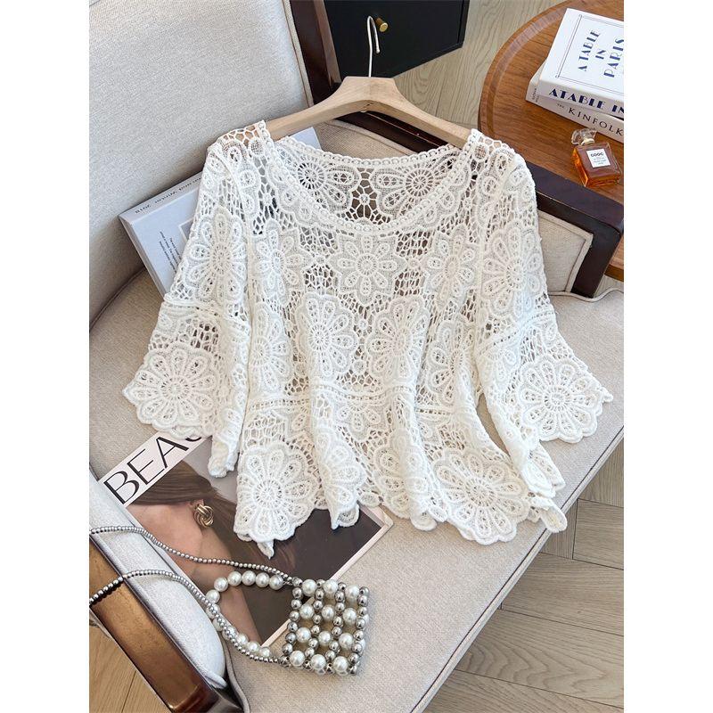 Plus Size Women's Clothing Chubby Girl French Crocheted Cut Out Lace Shirt round Neck Knitwear Casual 3/4 Sleeve Blouse Sun Protection Clothing