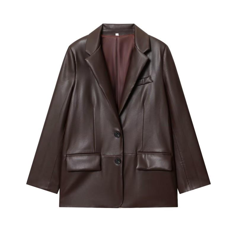 Womens Leather Blazer Jacket Straight Fit