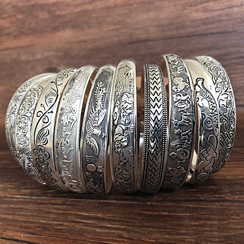 Ethnic Tibetan Miao Silver Vintage Carved Open Bangle Women's Jewelry
