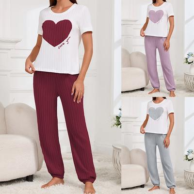 Women’s Spring Autumn Sweet Heart Print Pajama Set Short Sleeve Round Neck Top and Long Pants 2 Piece Comfortable Loungewear
