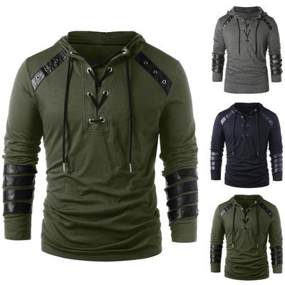 Men Winter Drawstring Vintage Leather Patchwork Long Sleeve Hooded Tops Blouses