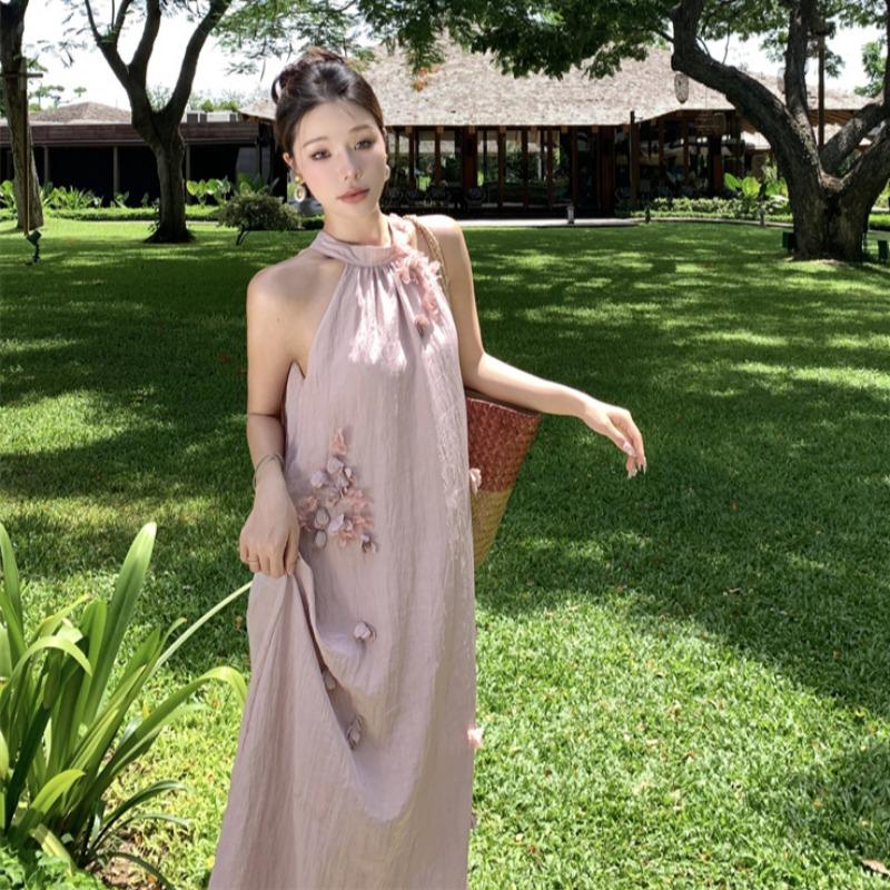 Summer New Elegant Flower Neck Pleated A-Line Loose Dress