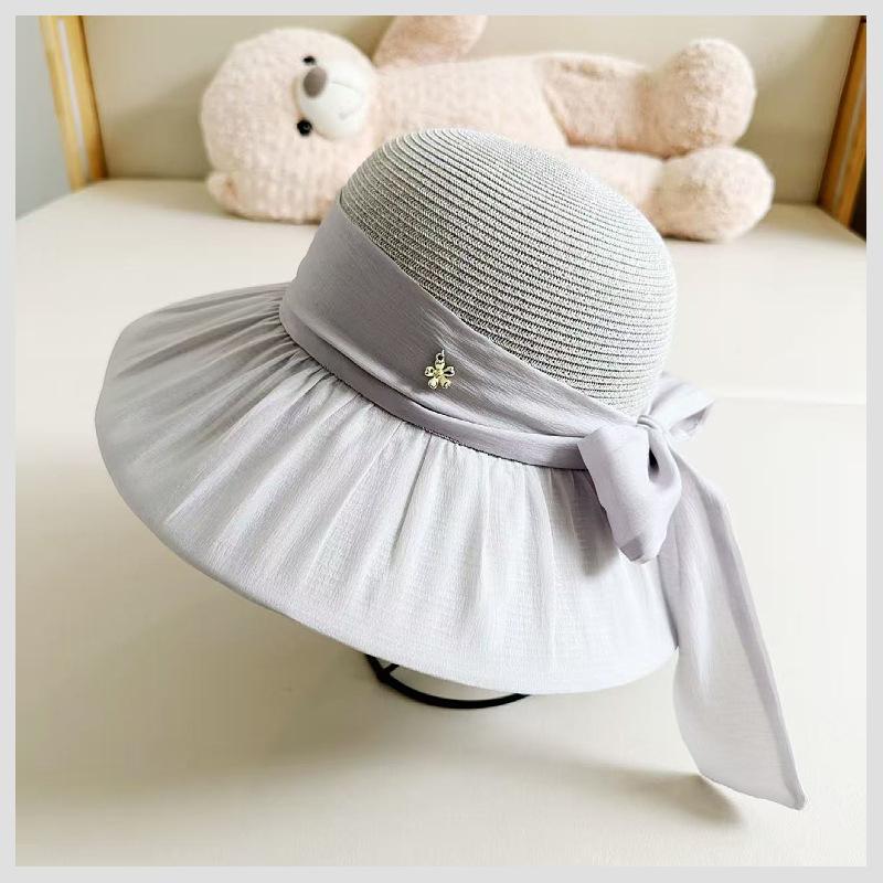 

New bow straw hat with enlarged brim sun protection sun hat women s summer versatile anti-ultraviolet cool hat Adjustable серый