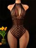 Women's Sexy Lingerie Halter Neck Fishnet Backless Bodycon Bodysuit Striped Decoration Crotchless Erotic Babydoll Nightwear