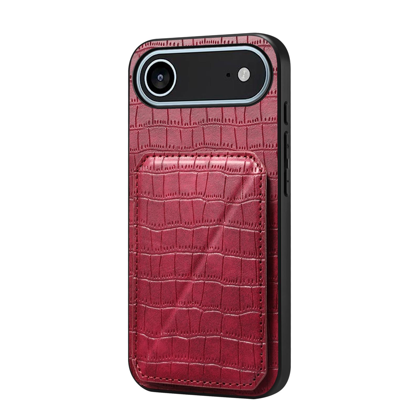 

For iPhone 17 Air Case with Card Holder Leather+PC+TPU Crocodile Textured Back Cover Rose