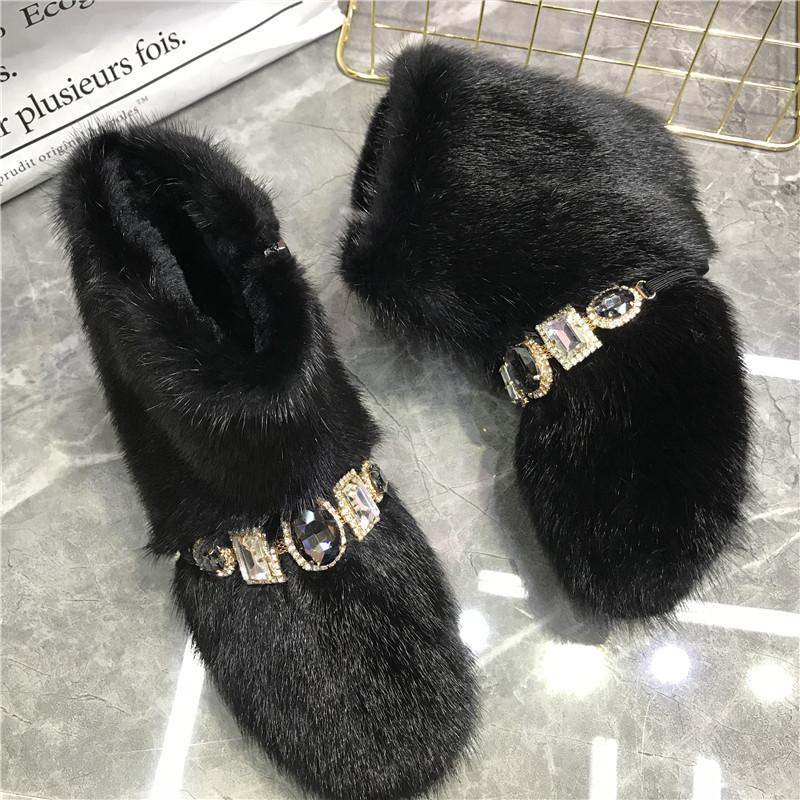 Fashion Women Mink Fur Flat Casual Shoes Ankle Winter Warm Snow Boots Crystal Decor Outside Footwear Short Boots Black