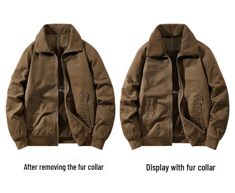 2025 Men's Fleece-Lined Warm Jacket with Detachable Fur Collar - Wear-Resistant Cotton Coat for Autumn/Winter
