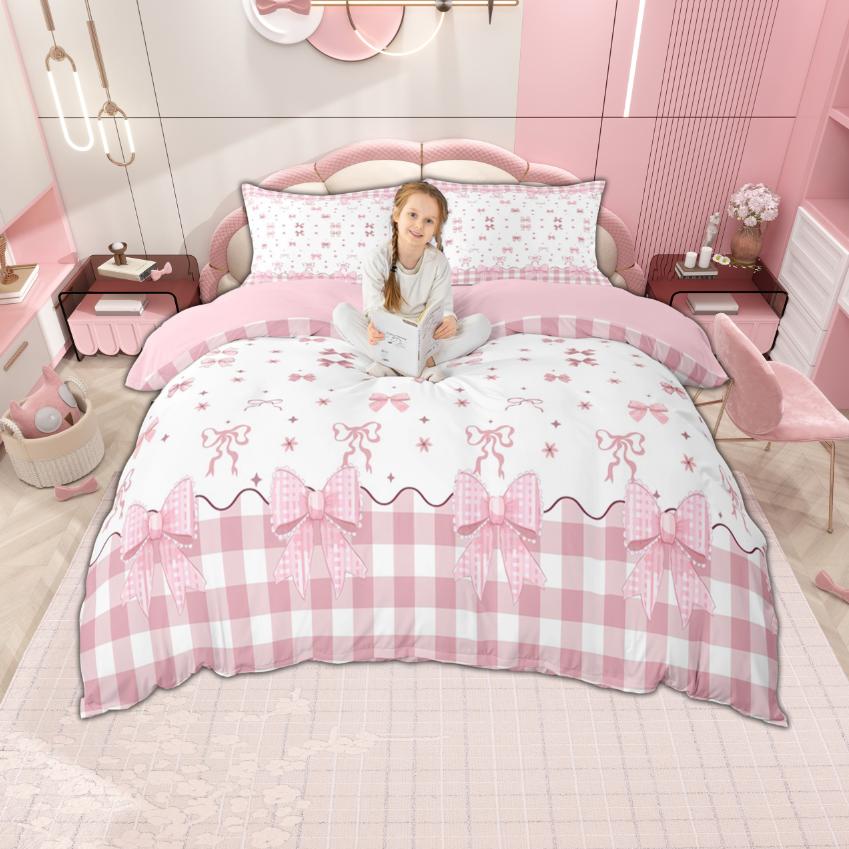 Comforter Homewish Kawaii Cherry For Girls Cute Bow Knot Bedding For Princess Geometric Buffalo Plaid Bed Set