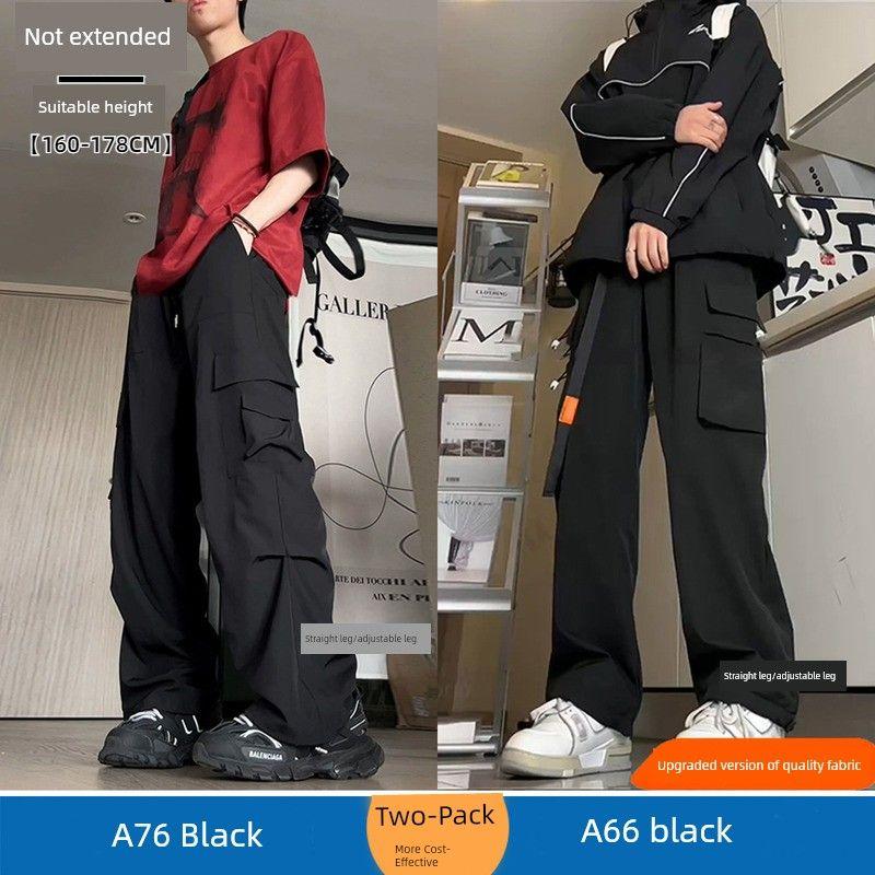 Large Pocket Cargo Pants for Men, Autumn Style, Black, Extended Length, Tall Men's Pants, Casual Straight-Leg Sweatpants