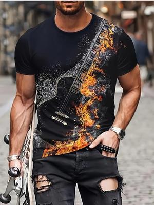 Nuova T-shirt a Maniche Corte da Uomo Taglie Forti con Stampa 3D di Chitarra per il Tempo Libero da Uomo T-shirt alla Moda Oversize