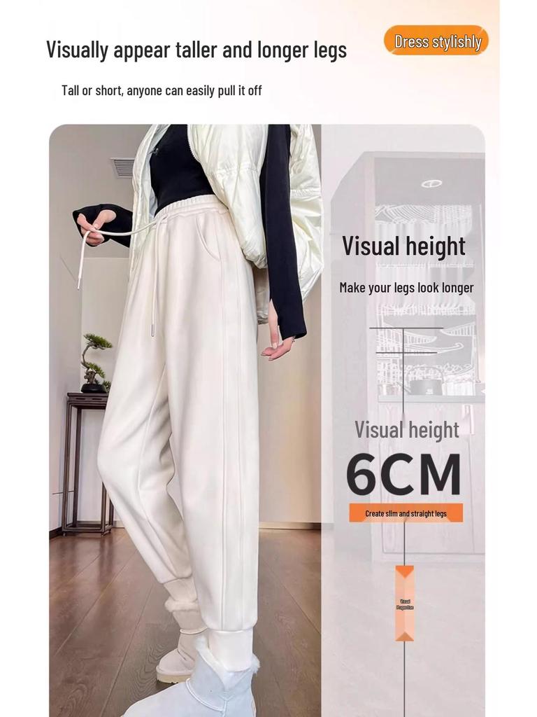 Women's Dark Blue Fleece-Lined Windproof Harem Sweatpants - Loose, Cuffed, Thick, and Warm for Autumn and Winter