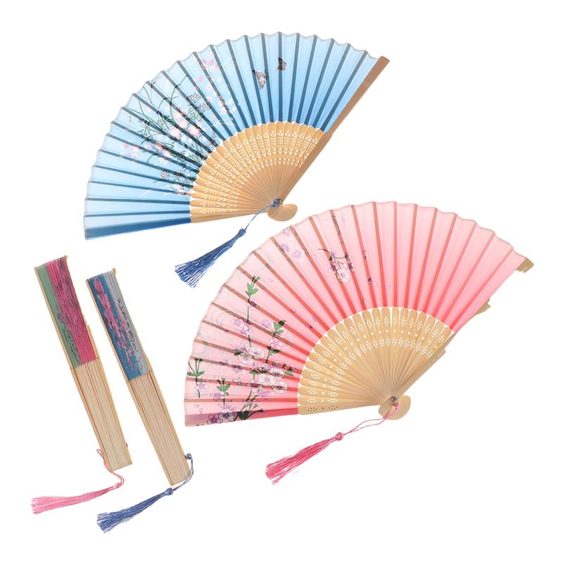 Vintage Printed Silk Folding Hand Fan Tassel Chinese Bamboo Fans Women Dance Performance Props Home Decoration Ornaments