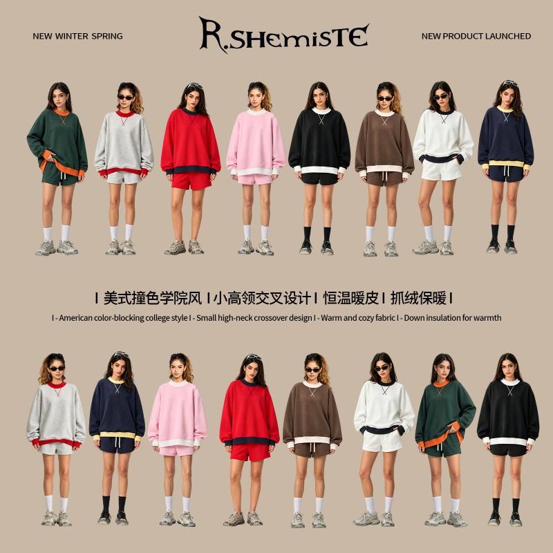 RS Womens 350G Fleece Color Block Mock Neck Sweatshirt Warm Fall American Style Casual Top