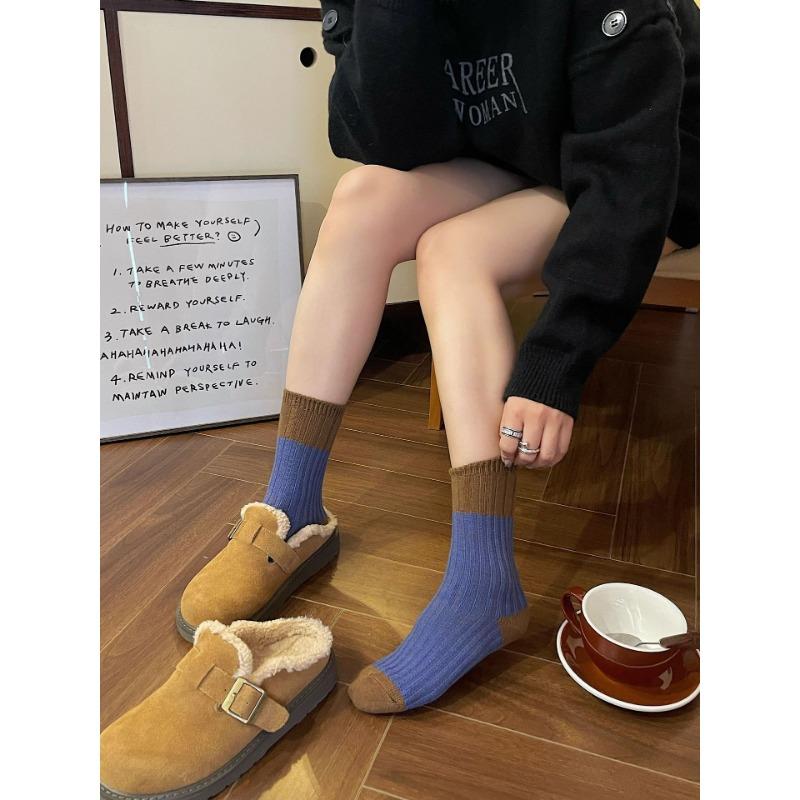 

Осенне-зимние ретро-носки, женские тонкие волнистые носки до середины икры, модные и универсальные, махровые носки, школьный стиль 1 pair кофейный/синий